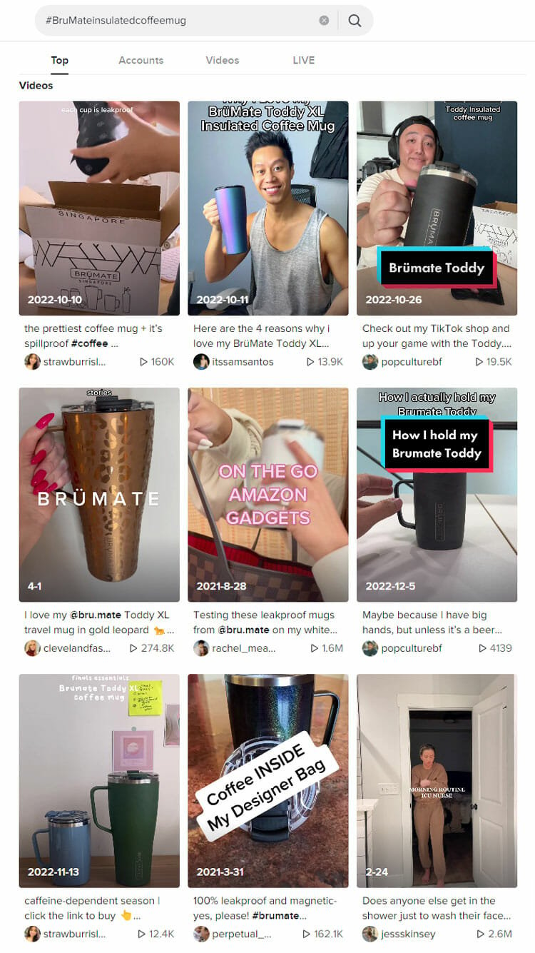 screen shot of search results for BruMate premium brand for travel mugs on TikTok