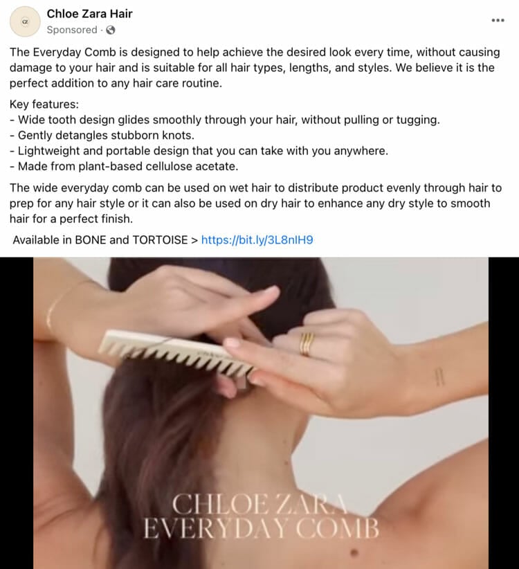 screen shot of facebook sponsored ad for Chloe Zara hair product