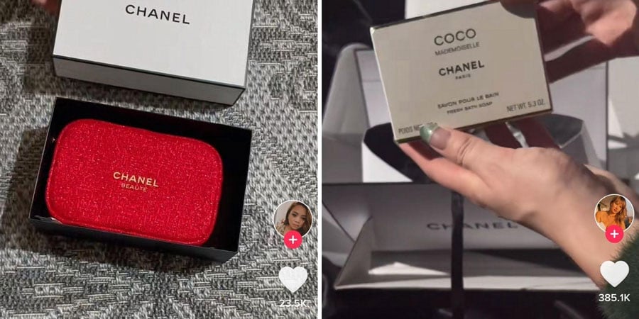 social posts for coco chanel brand showing premium packaging for small items