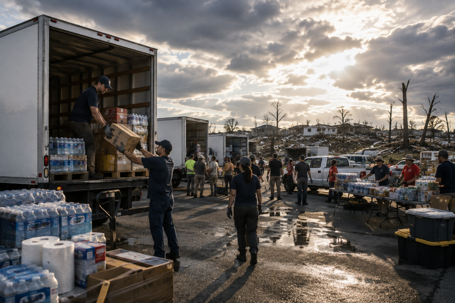 How Truck Renal Keeps Emergency Response Moving Box trucks filled with disaster relief supplies are emptied by volunteers.
