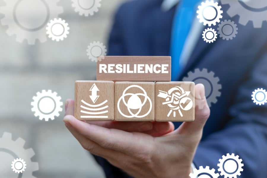 Navigate Freight Volatility By Building Supply Chain Resiliency Person holding wooden blocks the have images and the word resilience.