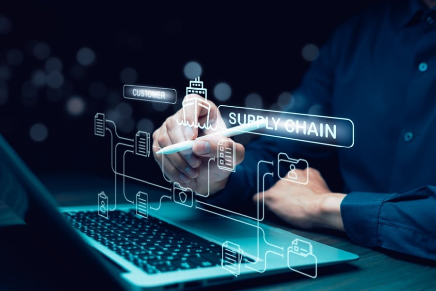 Perfect Supply Chain Management in a Real-Time Economy Supply Chain Management SCM. Aspects of Modern Company Logistics Processes. 3d illustration.