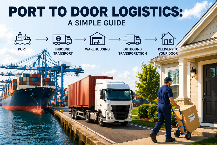 Port-to-Door: Revolutionize Your Logistics with Ryder's Integrated Approach Port-to-door logistics workflow showing inbound transportation, warehousing, outbound distribution, and final mile delivery to customer doorstep.