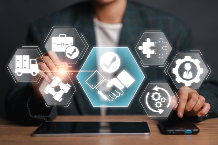 Illustration of Supplier Relationship Management (SRM) featuring digital icons representing key business processes.