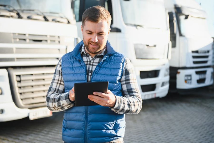 How Connected Fleet Technology Improves Uptime Fleet manager with tablet checking truck fleet operations