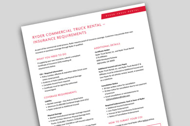 Ryder Rental Insurance Requirements Cover of insurance requirements one-pager