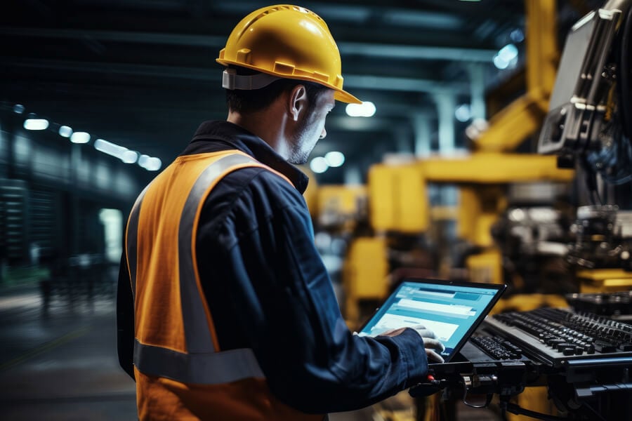 trabajador de la construcción que utiliza tecnología en el trabajo.