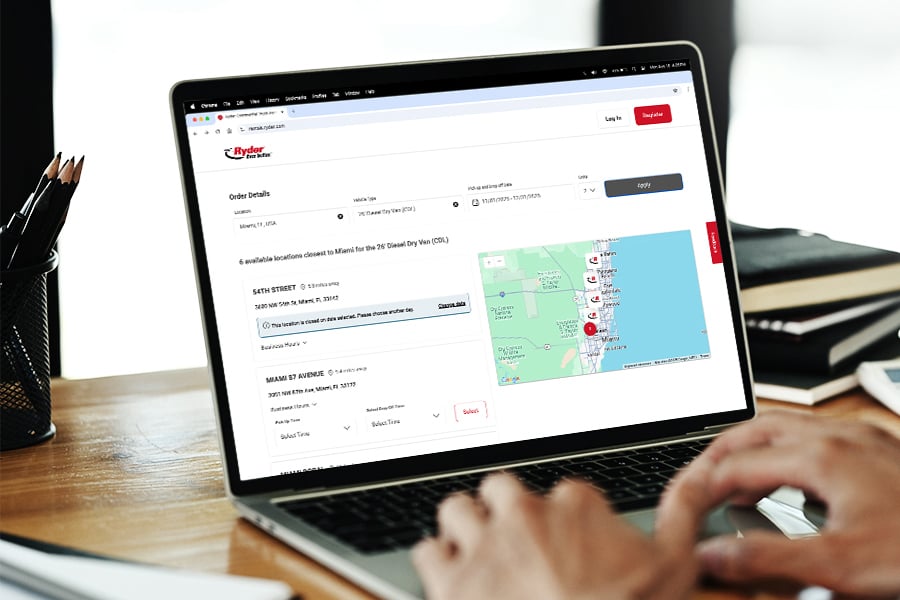 A customer using the Ryder rental platform to book a truck A customer using the Ryder rental platform to book a truck