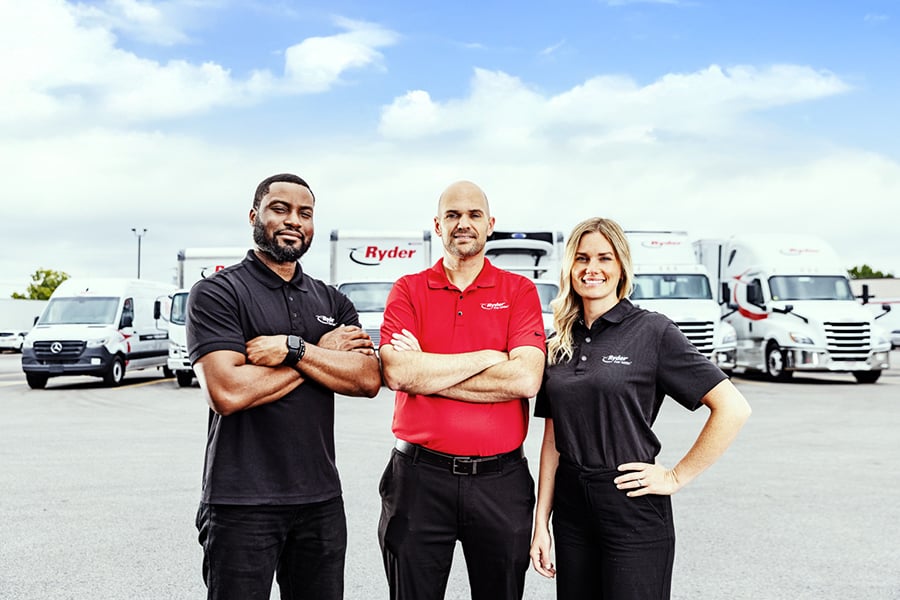A Ryder rental dedicated account team in front of their trucks A Ryder rental dedicated account team in front of their trucks