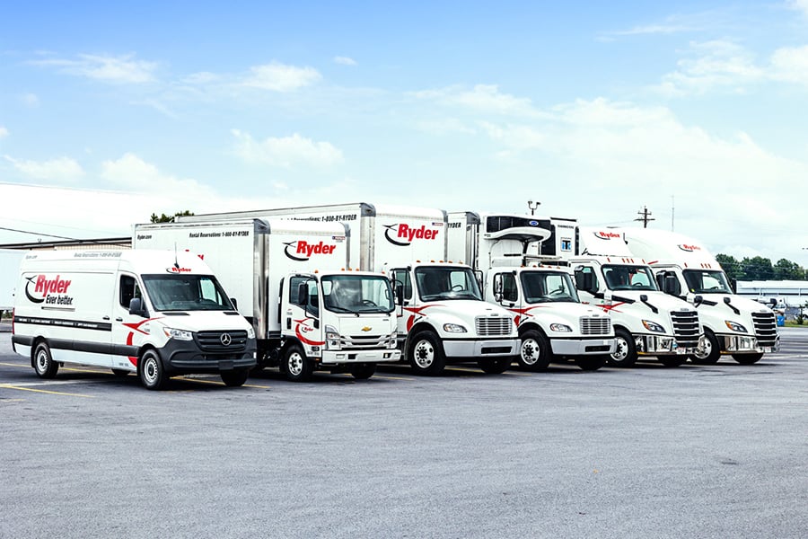 Ryder trucks available for rental lined up outsite of a Ryder rental location Ryder trucks available for rental lined up outsite of a Ryder rental location