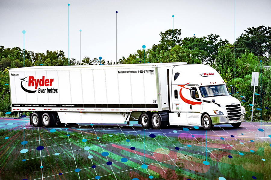 Semi-truck from the Ryder transportation management fleet driving to it's destination Semi-truck from the Ryder transportation management fleet driving to it's destination