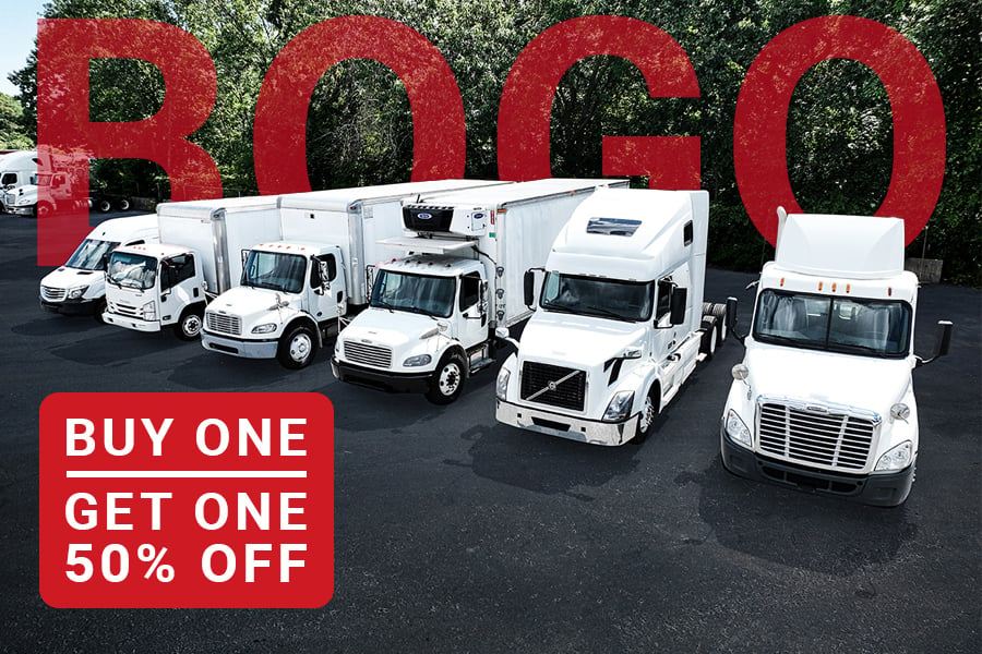 image with trucks lined up for buy one get one 50 percent off promotion