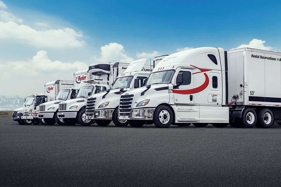 Ryder's commercial truck rental fleet lined up Ryder's commercial truck rental fleet lined up