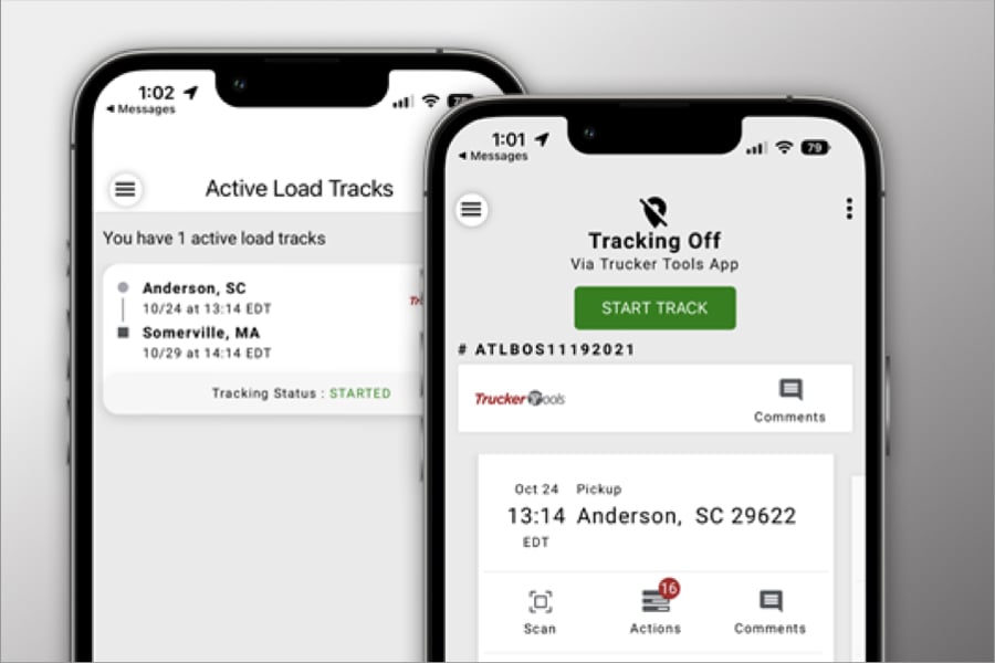 mobile app showing freight and shipping destination tracking